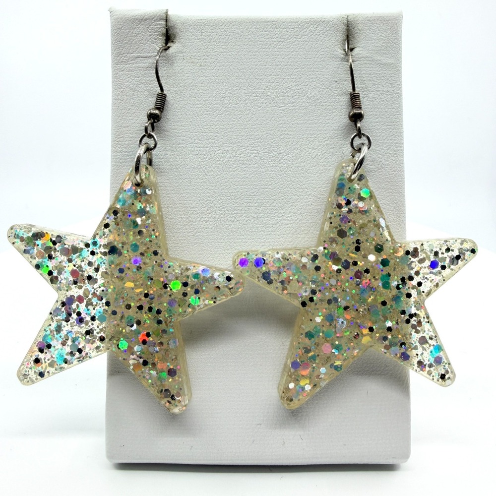Vintage Y2K Chunky Resin Star Glitter Earrings Silver Tone Dangle Celestial Hook